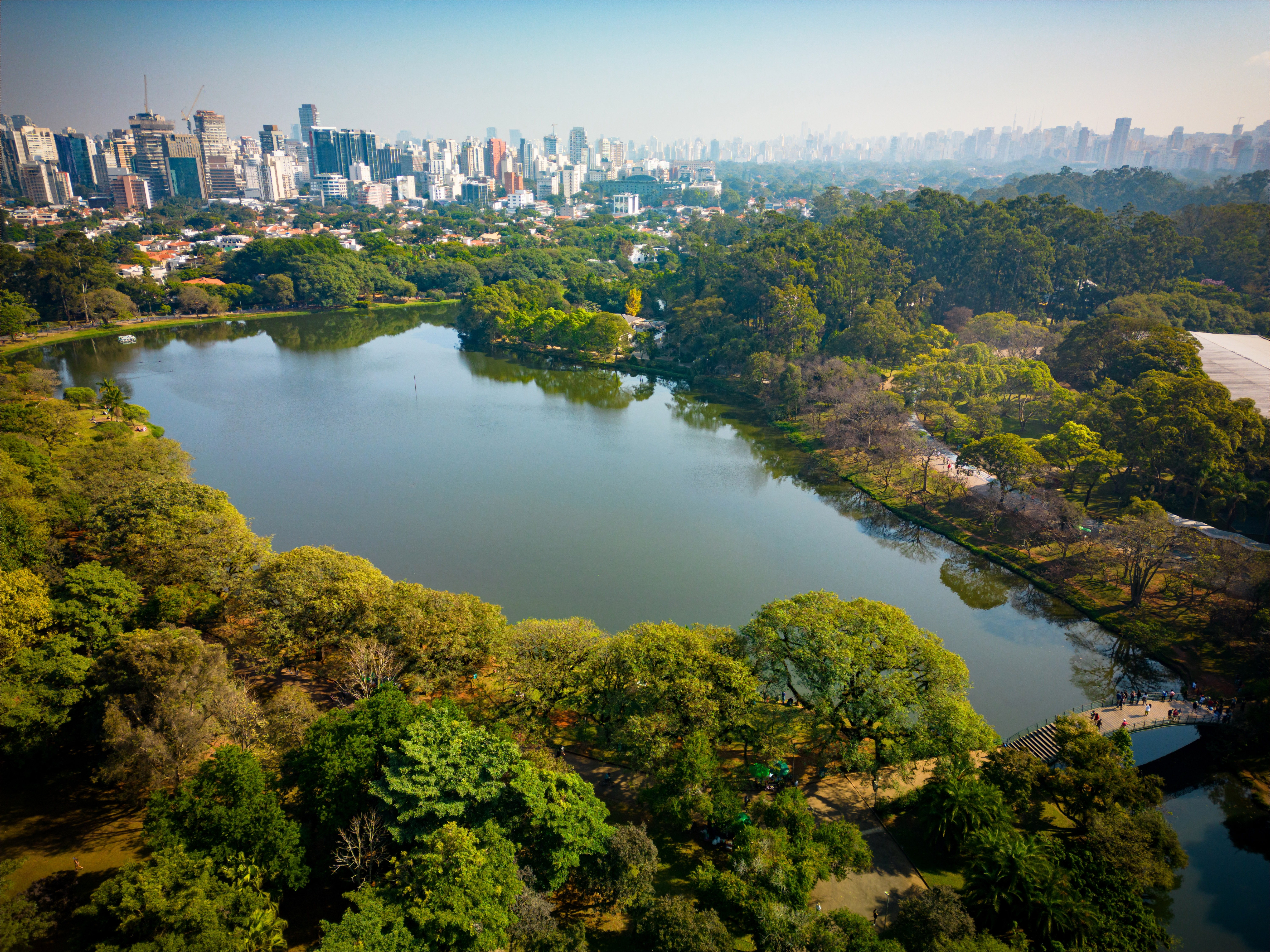 Aerial view of Ibirapuera Park and Sao Paulo cityscape.