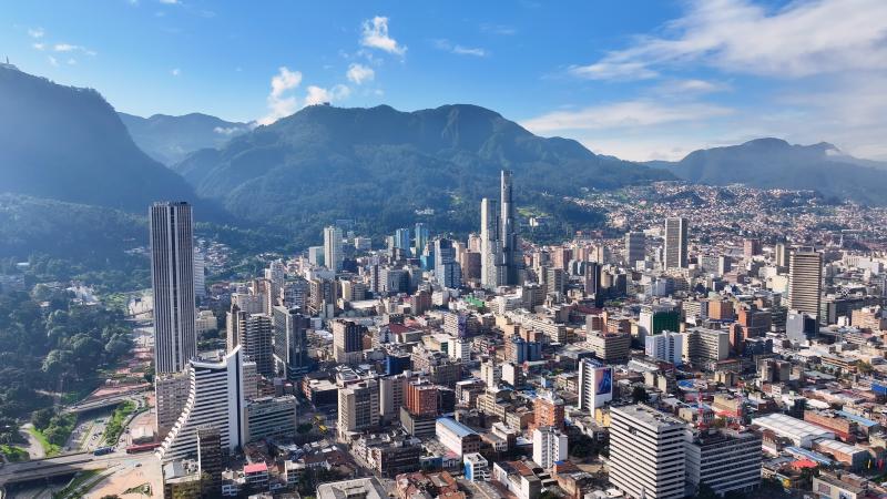 Urban cityscape of Bogota, Colombia, with high-rise buildings.